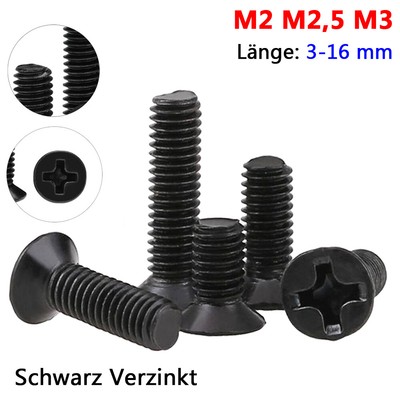M2 M2,5 M3 Senkkopf Flachkopf Kreuzschlitz Maschinen Schrauben Schwarze ...