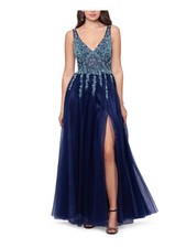 BLONDIE NITES Womens Gown Dress Navy Mesh Sleeveless Front Slit Lined Juniors 0
