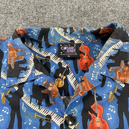 Camicia vintage The Cosmic Co. uomo XL blu hawaiana jazz blues strumenti stampa anni 90 - Foto 6 di 10