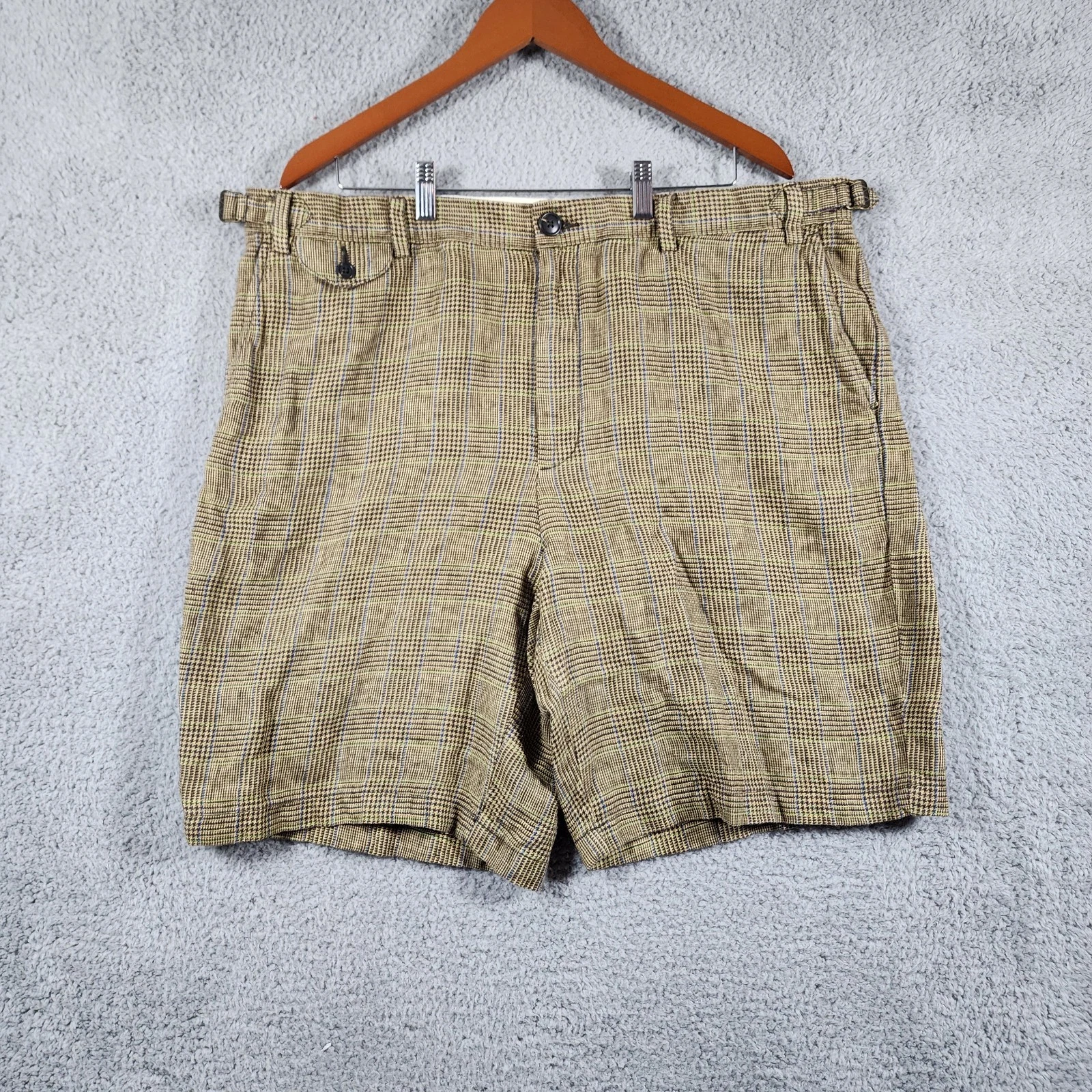 Lands' End Baird McNutt Irish Linen Shorts Men 40 Brown Glen Plaid Preppy Golf