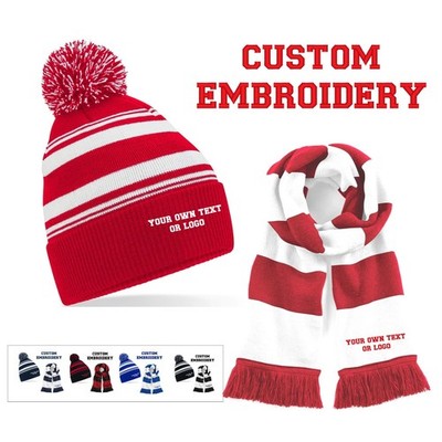 Personalisierter bestickter Beechfield Stadion Schal & gestreifte Fan Beanie Set