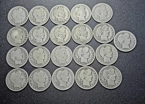 Lot of 21 Barber Quarters 90% Silver Coins