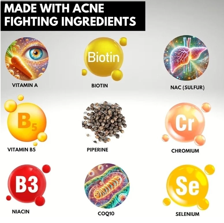 2pk Vitaminas para Acné/Brotes/Espinillas Hormonales/Piel Grasa Mujeres/Hombres/Adolescentes/Adultos Foto 4 de 4