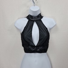 Frederick's of Hollywood Bralette Women Medium Black Sheer Lace Keyhole Halter