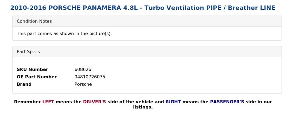 2010-2016 PORSCHE PANAMERA 4.8L - Turbo Ventilation PIPE / Breather LINE - Image 4 of 4