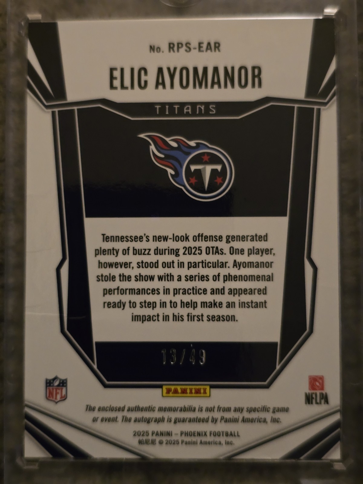 Elic Ayomanor 2025 Panini Phoenix Blue Prizm Jumbo RPA Rookie Patch Auto #/49 RC view 8