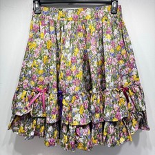 Vintage Handmade Skirt Floral Iris Ruffles Bows Feminine Twirly Girlhoodcore M-L