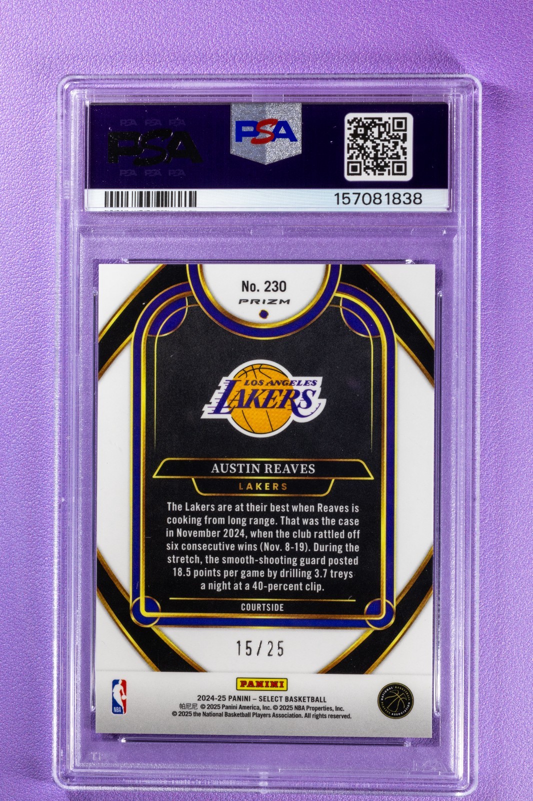 2024 Select Courtside Austin Reaves Blue Disco 15/25 PSA 9 Jersey Match POP 1 view 2