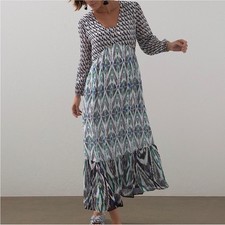 Chicos Ikat Clip Dot Maxi Dress Geo Print V Neck Long Sleeve Tiered Boho 1P/8P