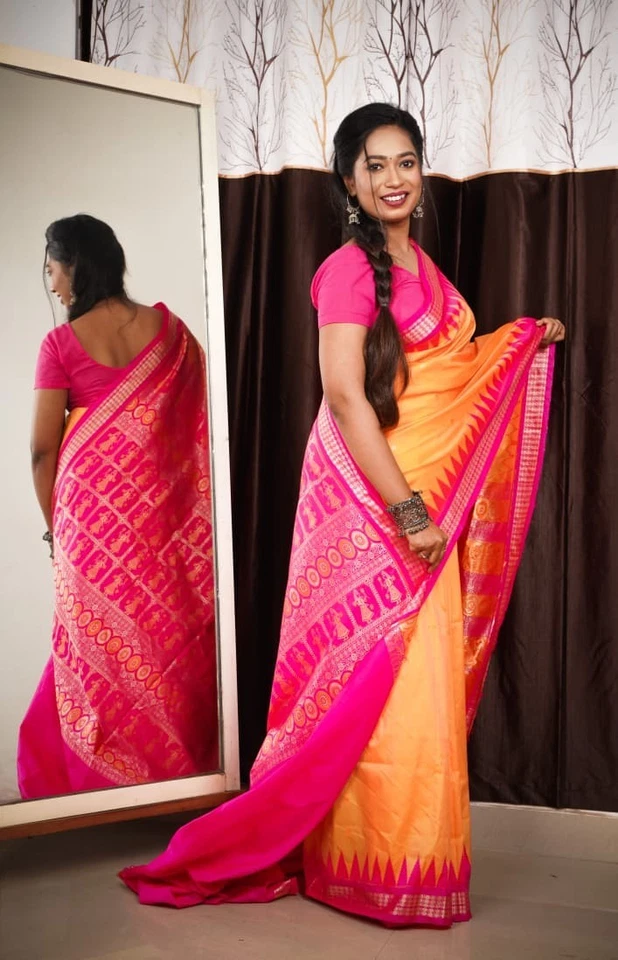 Ropa de fiesta boda sari tejido a mano sari de seda pura - elegante indio tradicional Foto 2 de 4