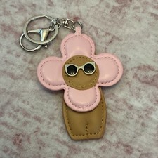Flower Key Chain, Pink/Tan Faux Leather Metal Keyring Detachable Lobster Clasp