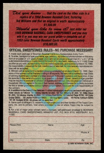1989 Bowman Reprint Inserts Ted Williams Boston Red Sox #NNO - Picture 2 of 2