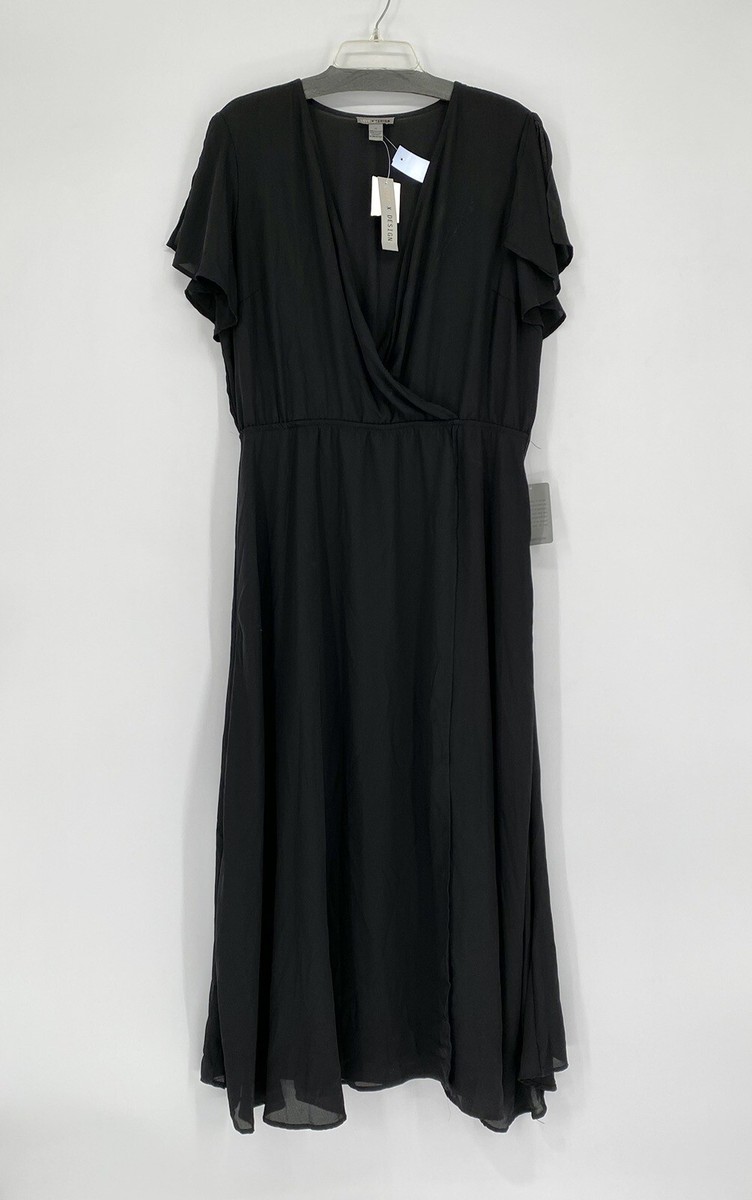 Love x Design Black Faux Wrap Slit Short Sleeve V Neck Dress