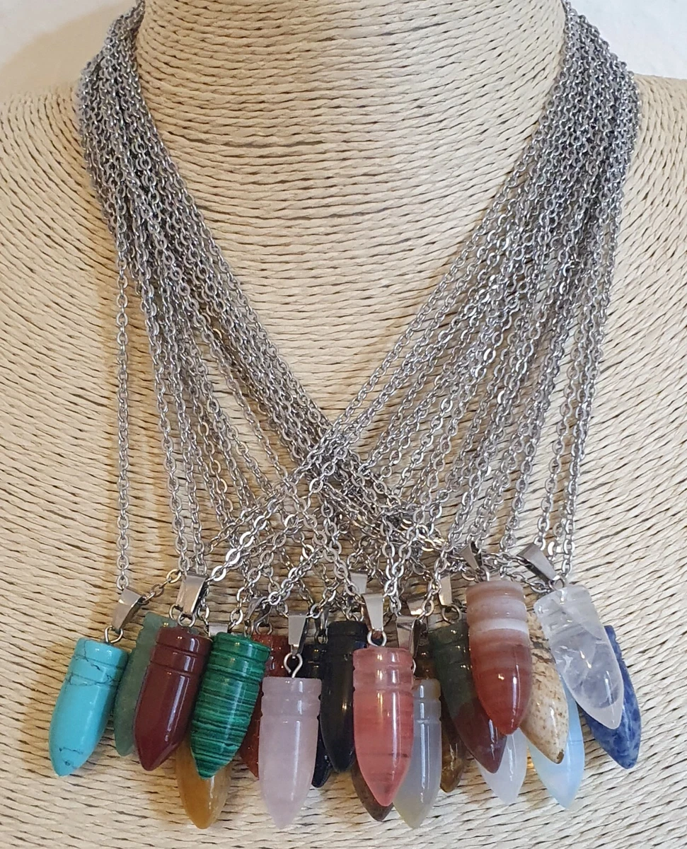 Gemstone Bullet Pendant Healing Quartz Crystal St Steel Chain Men Necklace