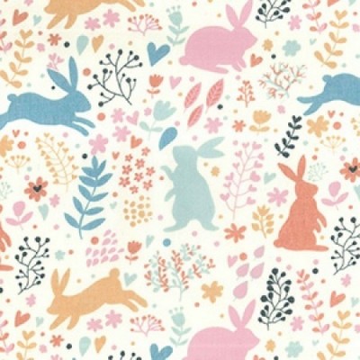 Telas de policotton Tela saltar Bunny Rabbit Conejos Floral Flores