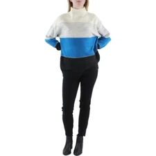 HALSTON H Womens Ribbed Trim Metallic Mock Turtleneck Sweater Blue XXL