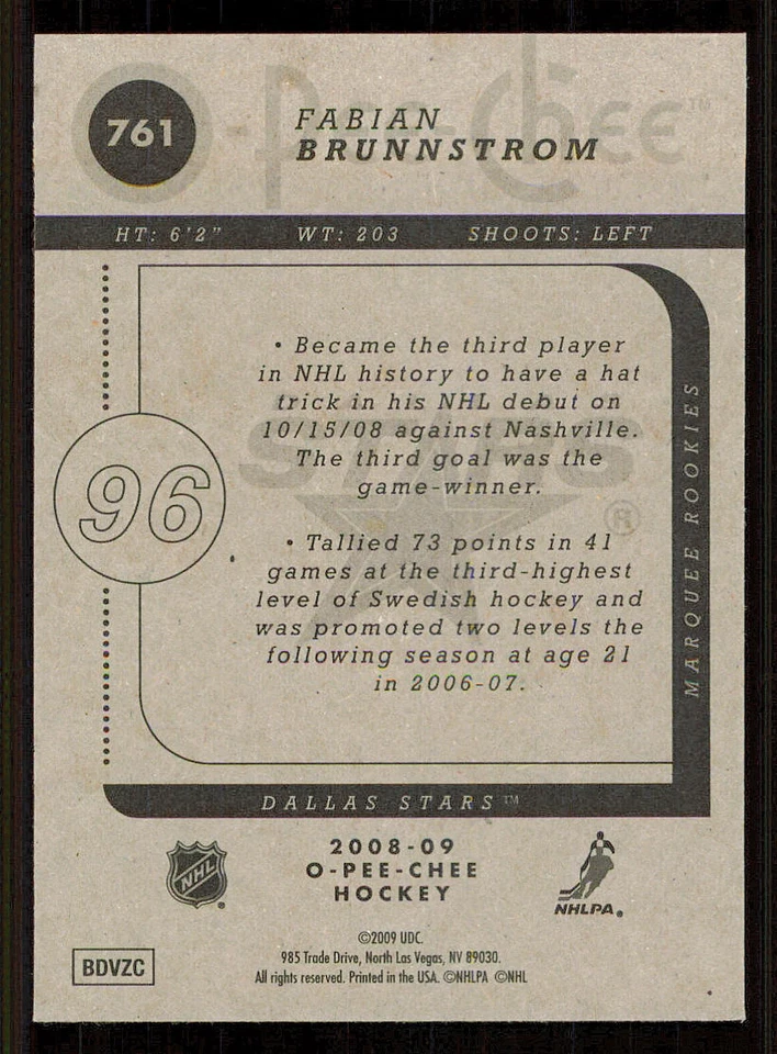 2008-09 O-Pee-Chee #761 Fabian Brunnstrom RC - Image 2 of 2