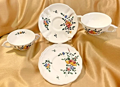 Deruta Italy VTG 2-Handle Majolica Tea Cup & Saucer 4pc Set Hand-Painted Floral
