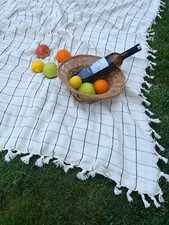 Picnic Blanket - Organic Turkish Handwoven Blanket - Herringbone Boho Throw