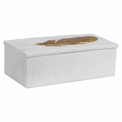 UTTERMOST 17724 NEPHELE WHITE STONE ETCHED GOLD LEAF FEATHER DECORATIVE BOX - Picture 3 of 3