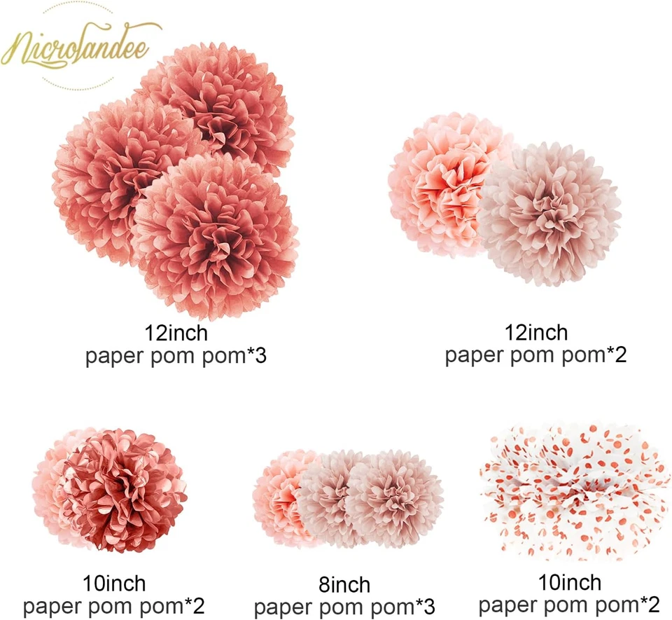 Wedding Decorations - 12 PCS Rose Gold Tissue Paper Pom Poms for Engagement Part - Image 3 of 4