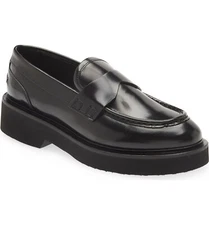 $450 Aquatalia Maura Abrasivato Loafer PLATFORM BLACK GLOSSY LEATHER 9 (ME27)