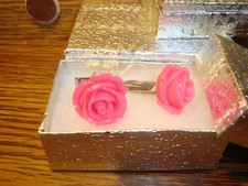  2 Dark PINK Rose Flower Design Hamilton Silver Plated Cuff links W/Gift Box