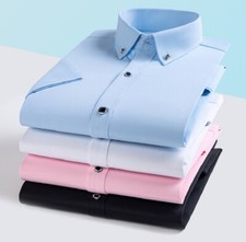 Mens Dress Shirts Short Sleeves Business No Iron Diamond Buttons Casual Shirts