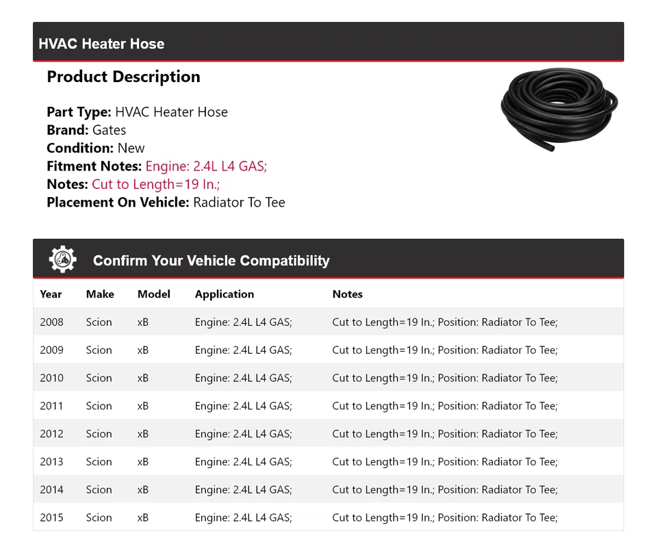 Para 2008-2015 Scion xB 2.4L L4 Gas HVAC Calentador Manguera Radiador A Tee Gates 2009 Foto 2 de 4