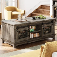 48'' Coffee Table with Sliding Barn Doors, Rustic Center Table with 6 Large Stor
