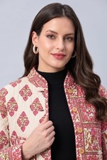 Women Quilted Cotton Pink Floral Print Jacket Boho Winter Warm Short Coat Top