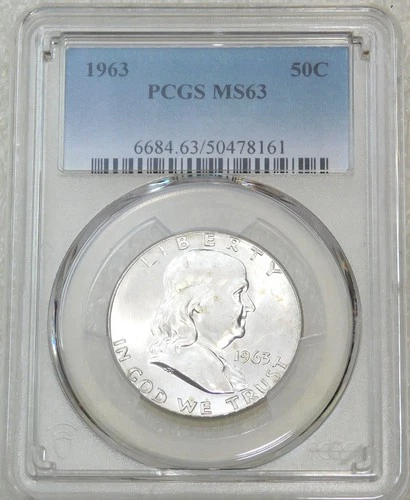 1963 P Franklin Half Dollar PCGS MS63 90% FBL Frosty White PQ New Holder #P273E