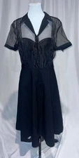 UNIQUE VINTAGE PLUS SIZE 1950s BLACK STRETCH SHEER BODICE COLLARED SWING DRESS
