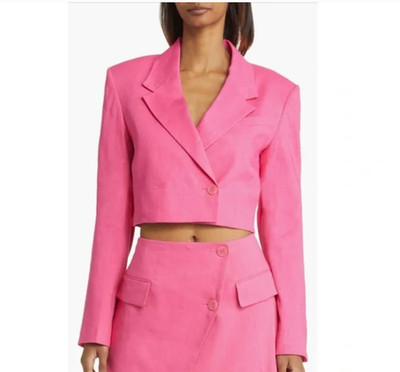 FRAME Women's Cropped Blazer X-Small Strong Shoulder Linen Blend Flamingo Pink