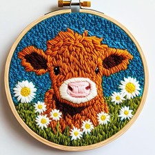 DIY Punch Needle Kits for Beginners Cute Cartoon Highland Cow with Daisy Flower 