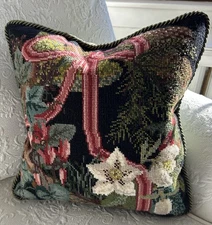 Elizabeth Bradley Needlepoint Pillow Winter Wreath - Completed