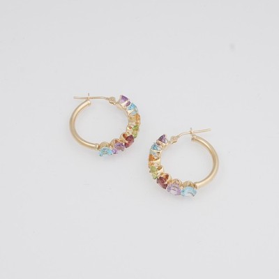 14K Gold Multi Gemstone Hoop Earrings Rainbow Mosaic 7 Prong Set Gemstones