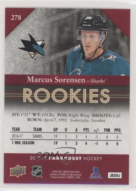 2017-18 Upper Deck Parkhurst Rookies Red Marcus Sorensen #278 Rookie RC - Image 2 of 2
