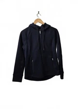 Swiss Tech Ladies Navy Blue Ribbed Knit Hoodie Jacket Zip Front Zip Pockets