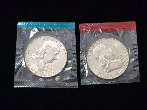 1963 P & D Franklin Silver Half Dollars Brilliant Uncirculated Sealed NICE!