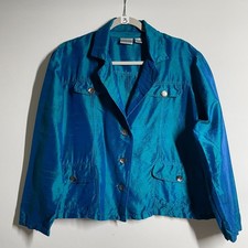 Chico's Womens Teal Blue Silk Button Up Collared Shirt Jacket Size 2 US Large