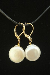 Authentic White Keshi Pearl Earrings Flat Disc Freshwater 17-18mm Dangle 18k Gold-plated