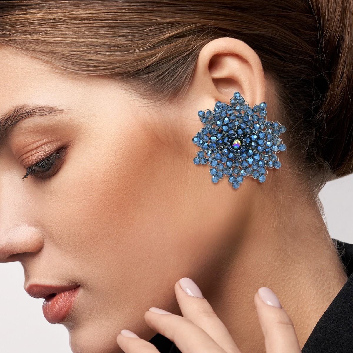 Midnight Sparkle Blue Crystal & Bead Burst Clip-On Earrings