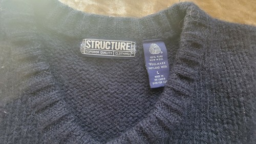VTG Structure 100% Shetland Wool Men's Navy V-Neck Pullover Sweater Size L #1 - Picture 11 of 12