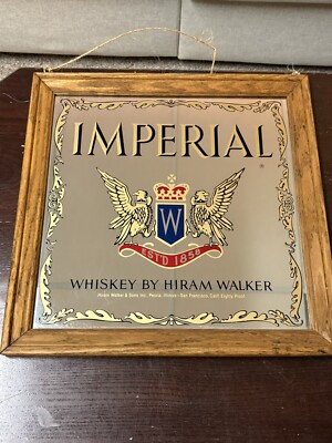 Imperial Whiskey Hiram Walker & Sons Bar Sign Mirror with Wood Frame 16.5 X 16.5