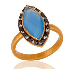 18K Gold Plated 925 Sterling Silver Faceted Aqua Blue Chalcedony Gesmtone Ring