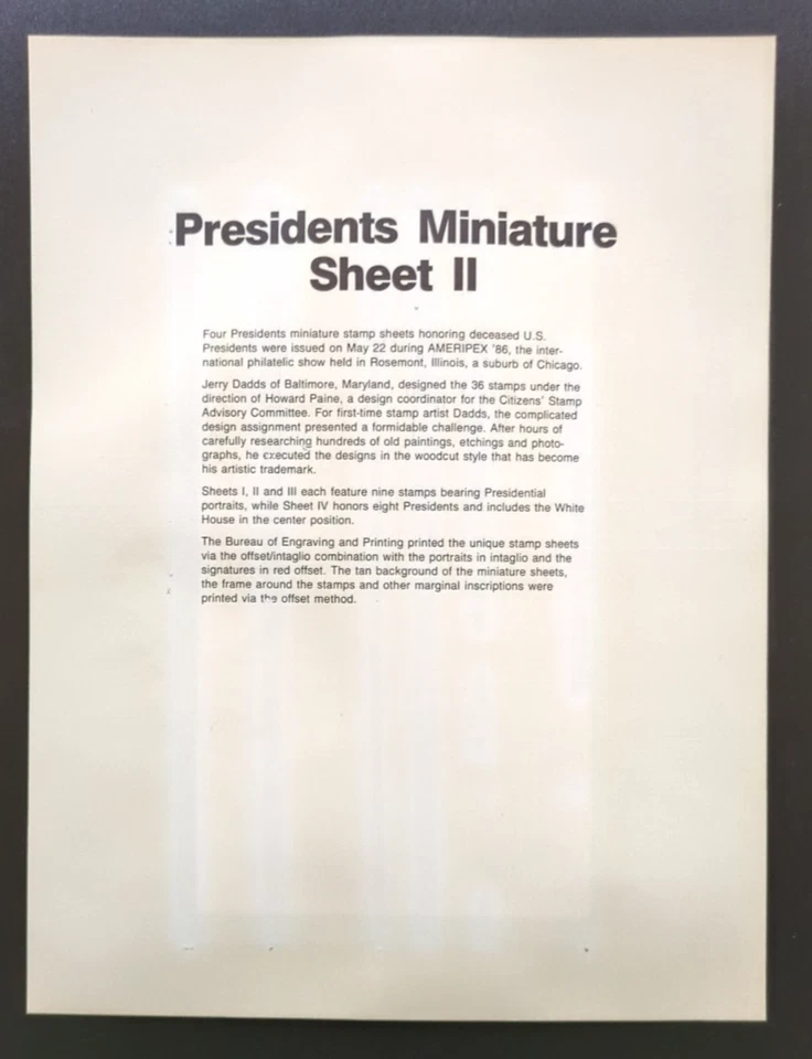 22c AMERIPEX Presidents Sheet II a-i 1986 SOUVENIR PAGE SCOTT # 2217 SP749 - Image 2 of 2