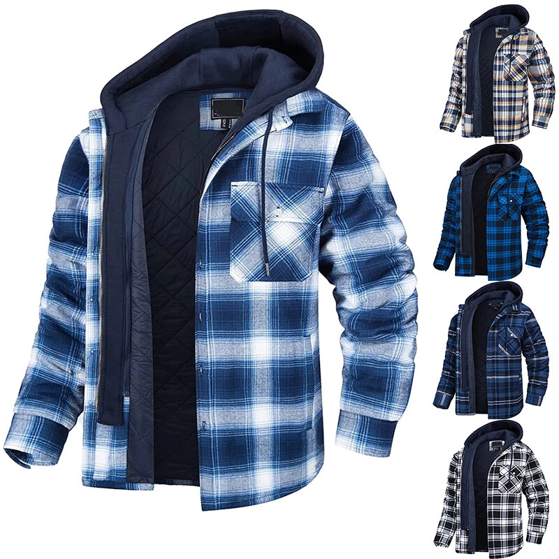 Mens Heavyweight Flannel Zip Up Fleece Lined Plaid Sherpa Hoodie Jacket  Outwear