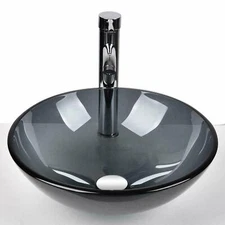 Bathroom Gray Transparent Glass Vessel Basin Bowl Sink Chrome Faucet Pop up Set