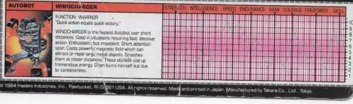 Transformers Original G1 1984 Minibot Windcharger Tech Spec